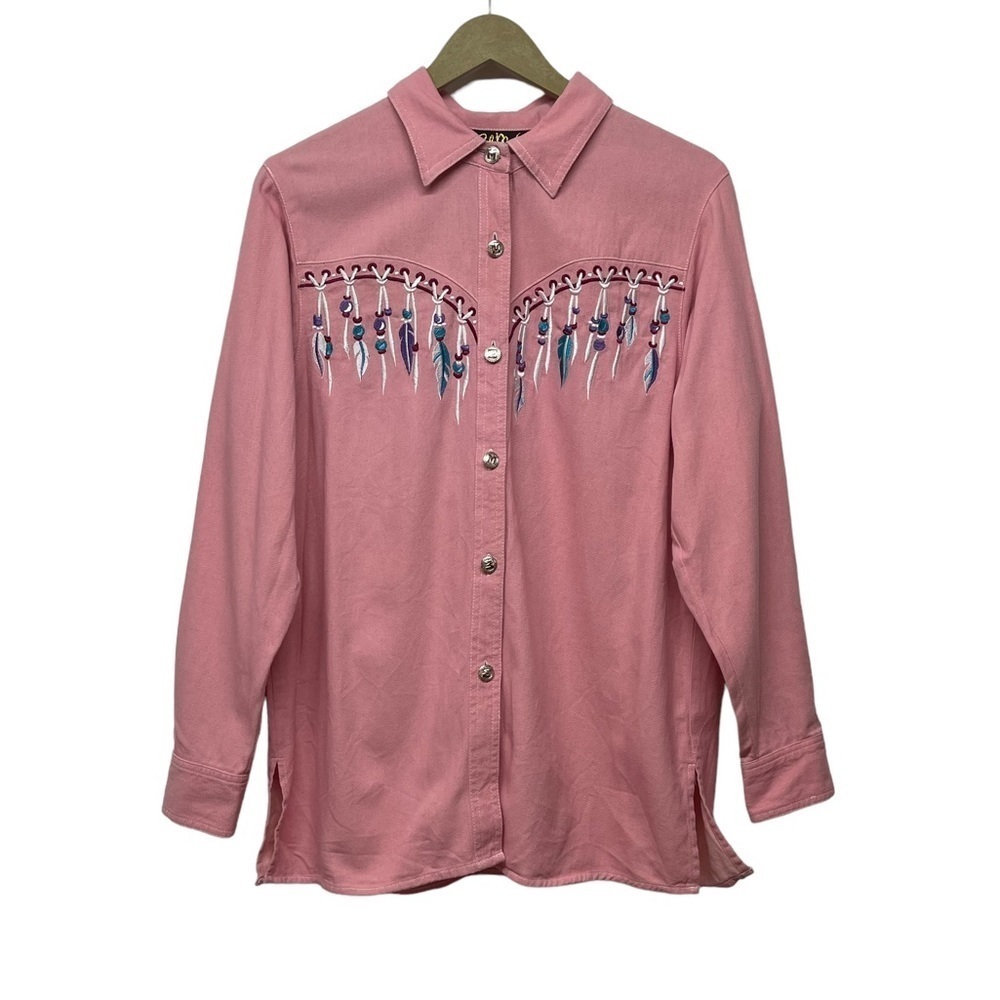 Bob Mackie Pink Embroidered Feathers Long Sleeve Button Up Shirt Size Small